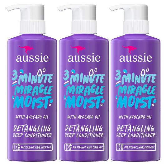 Aussie 3 Minute Miracle Moist Detangling Deep Conditioner Treatment with Avocado Oil, Paraben and Sulfate Free, 1.42 L in Total (3 Count of 475 mL Each)
