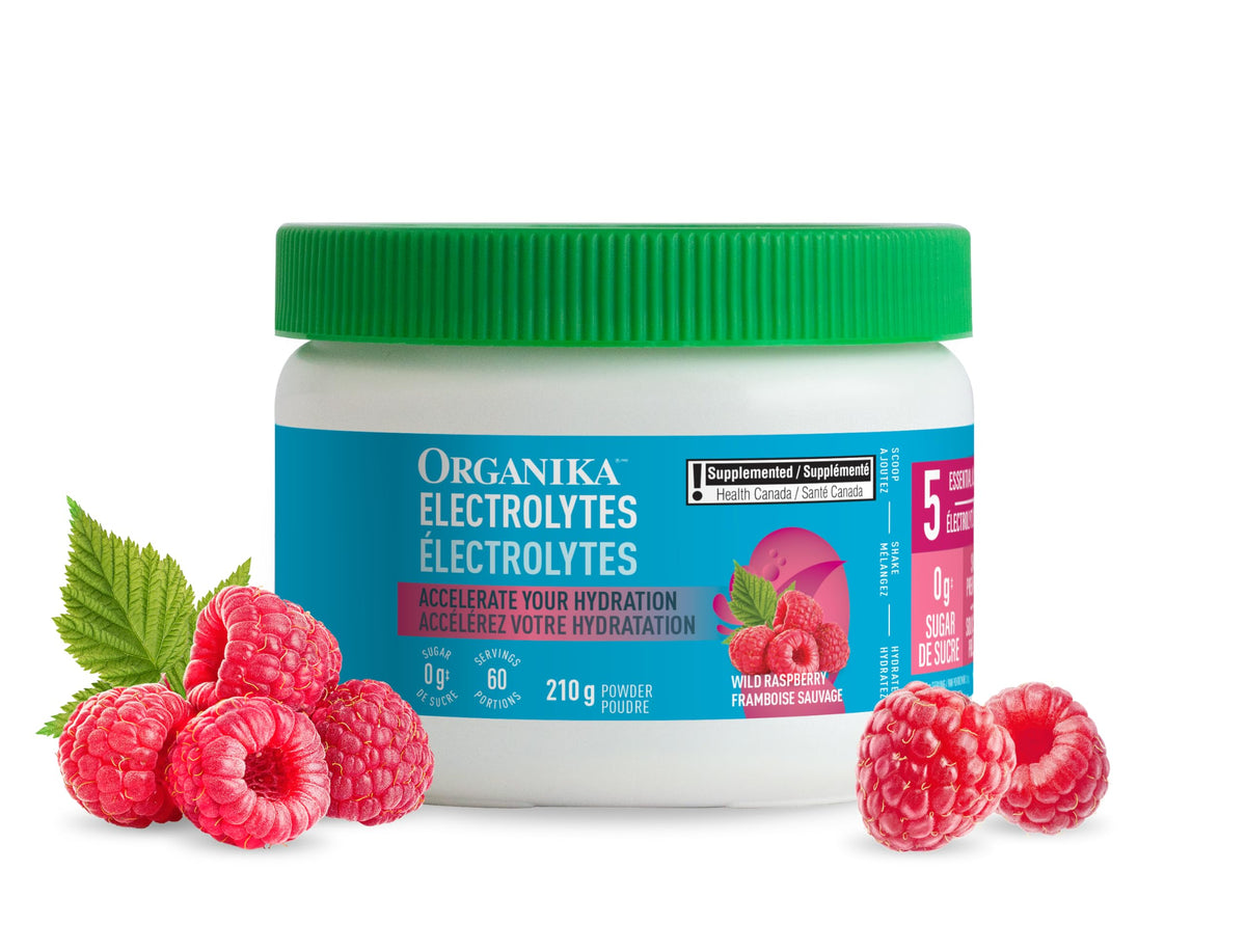 Organika Canadian-Made Electrolytes Powder with Vitamin C & Prebiotic Fibre - Sugar-Free Hydration Drink Mix - Wild Raspberry - 210 g - 60 servings
