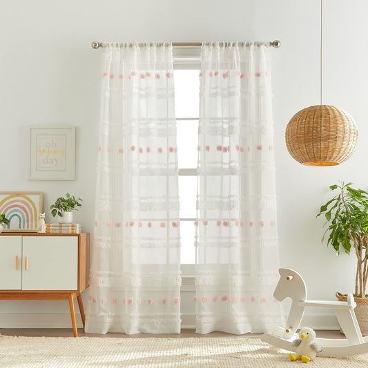 Dream Factory Rod Pocket Window Treatment 2 Piece Set Sheer Curtains for Kids Room Girls Bedroom Décor for Nursery, 63" Panel Pair, Blush Pink Pom Pom Piper