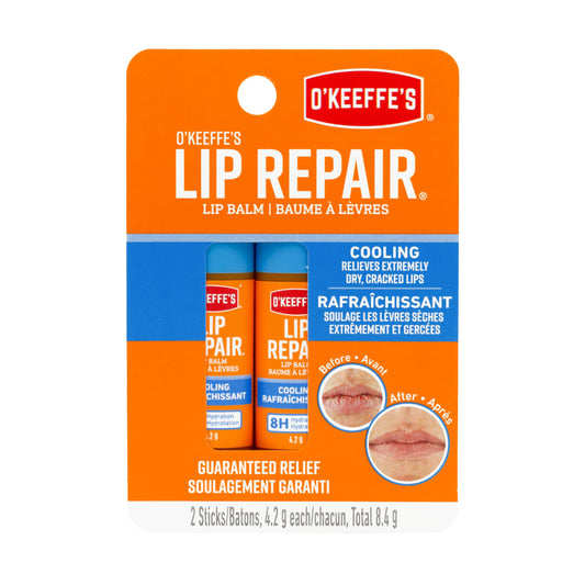 O'Keeffe's Lip Repair Balm, Cooling Relief, Instant Cooling for Dry Cracked Lips, 7 Moisturizing Ingredients, Stick, Pack of 2
