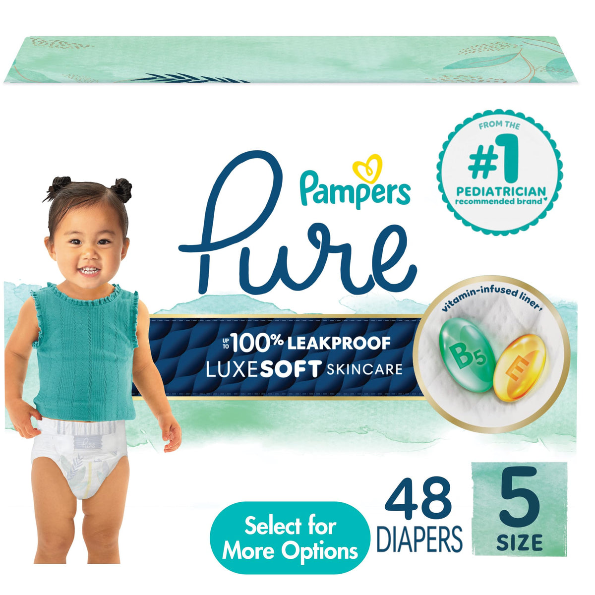Pampers Pure Baby Diapers, Size 5, Up to 100% Leakproof, Premium Hypoallergenic Soft Diapers, 1 Pack (Count of 48)