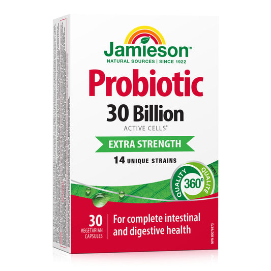 Jamieson Probiotic 30 Billion CFU, Extra Strength, 30 Vegetarian Capsules. Supports Digestive Health & Intestinal Health. 14 Unique Strains, Including Lactobacillus and Bifidobacterium, Non-GMO