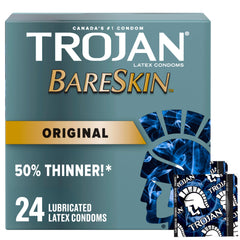TROJAN BareSkin Original Lubricated Latex Thin Condoms, 24 Count, For a More Natural Feel, Bringing You Closer with Heightened Sensitivity Where it Matters Most