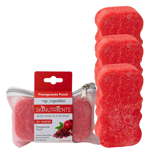 Spongeables Skinutrients Body Wash in a Sponge, Pomegranate Punch, With Bonus Travel Bag, 20+ Washes, Pack of 3