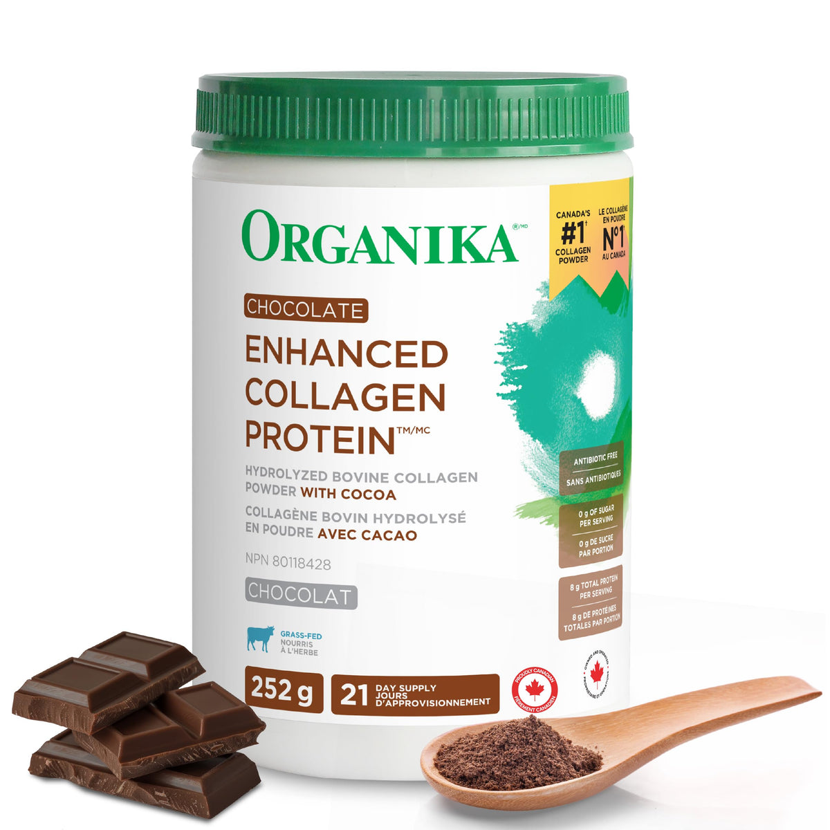 Organika Canadian-Made Chocolate Enhanced Collagen Powder, Grass-Fed with Real Cocoa, Sugar-Free, Healthy Hair, Skin, Nails, Joints, 252 G
