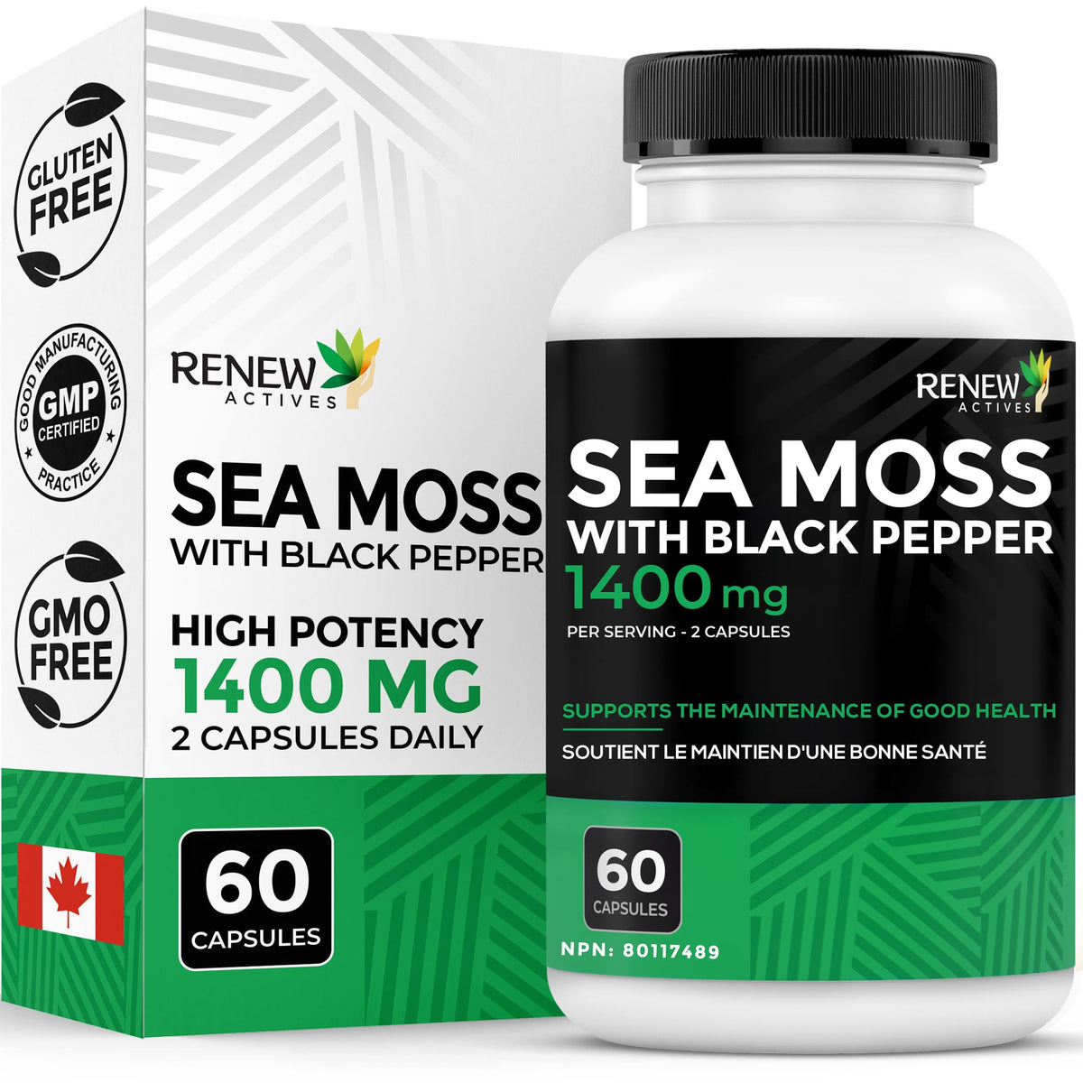 Renew Actives Sea Moss 1400mg Maximum Potency & Strength – Triple-Action Irish Sea Moss, Bladderwrack, Burdock Root + Black Pepper for Enhanced Absorption – Supports Energy & Metabolism – 60 Capsules