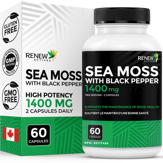 Renew Actives Sea Moss 1400mg Maximum Potency & Strength – Triple-Action Irish Sea Moss, Bladderwrack, Burdock Root + Black Pepper for Enhanced Absorption – Supports Energy & Metabolism – 60 Capsules