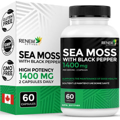 Renew Actives Sea Moss 1400mg Maximum Potency & Strength – Triple-Action Irish Sea Moss, Bladderwrack, Burdock Root + Black Pepper for Enhanced Absorption – Supports Energy & Metabolism – 60 Capsules