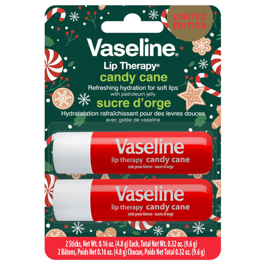 Vaseline® Lip Therapy Limited Edition Candy Cane 2pk, Long-Lasting moisturization for soft, smooth lips with refreshing mint