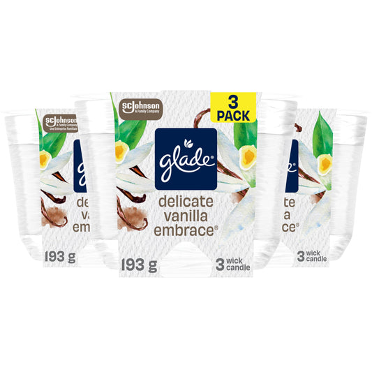 Glade Scented Candle, Delicate Vanilla Embrace, 3-Wick Candle, Air Freshener Infused with Essential Oils for Home Fragrance, 3 Count