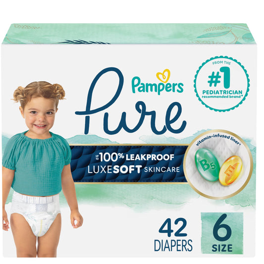 Pampers Diapers Size 6, 42 Count - Pampers Pure Protection Disposable Baby Diapers, Hypoallergenic and Unscented Protection, Super Pack (Packaging & Prints May Vary)