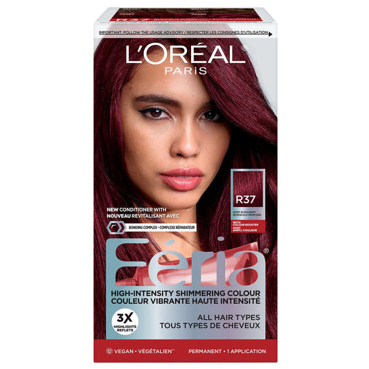 L’ORÉAL PARIS FERIA HIGH-INTENSITY SHIMMERING COLOUR PERMANENT HAIR COLOUR, R37 DEEP BURGUNDY, HAIR DYE WITH CONDITIONING OILS, PACK OF 1