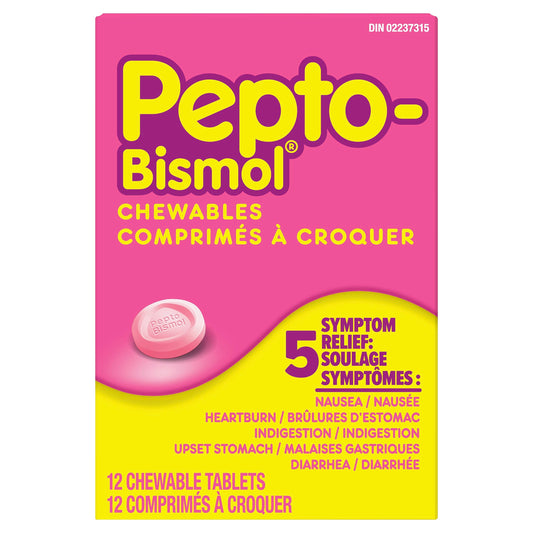 Pepto Bismol Chewables | 5 Symptom Stomach Relief | Regular Strength | Original Flavour | 12 Chewables | For Nausea, Heartburn, Indigestion, Upset Stomach & Diarrhea Relief