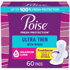 Poise Ultra Thin Incontinence Pads with Wings & Postpartum Incontinence Pads, 5 Drop Maximum Absorbency (5-Drop), Long Length, 60 Count (3 x 20ct)