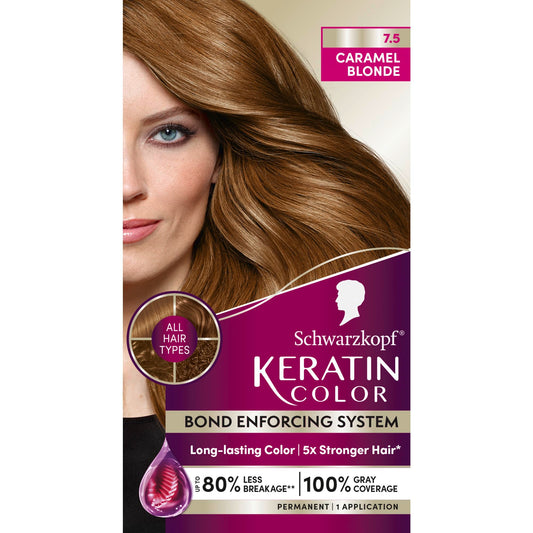 Schwarzkopf Keratin Color Permanent Hair Color Cream, 7.5 Caramel Blonde, 1 Count