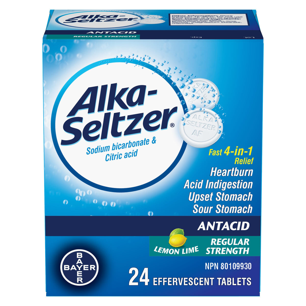 Alka-Seltzer Antacid Heartburn Relief Effervescent Tablets - Antacid For Heartburn, Acidity, Upset Stomach, Sodium Bicarbonate And Citric Acid, Lemon Lime Flavour, 24 Effervescent Tablets