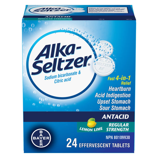 Alka-Seltzer Antacid Heartburn Relief Effervescent Tablets - Antacid For Heartburn, Acidity, Upset Stomach, Sodium Bicarbonate And Citric Acid, Lemon Lime Flavour, 24 Effervescent Tablets