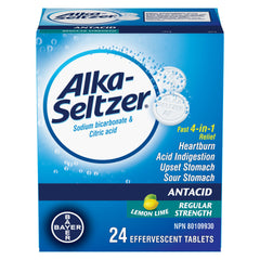 Alka-Seltzer Antacid Heartburn Relief Effervescent Tablets - Antacid For Heartburn, Acidity, Upset Stomach, Sodium Bicarbonate And Citric Acid, Lemon Lime Flavour, 24 Effervescent Tablets