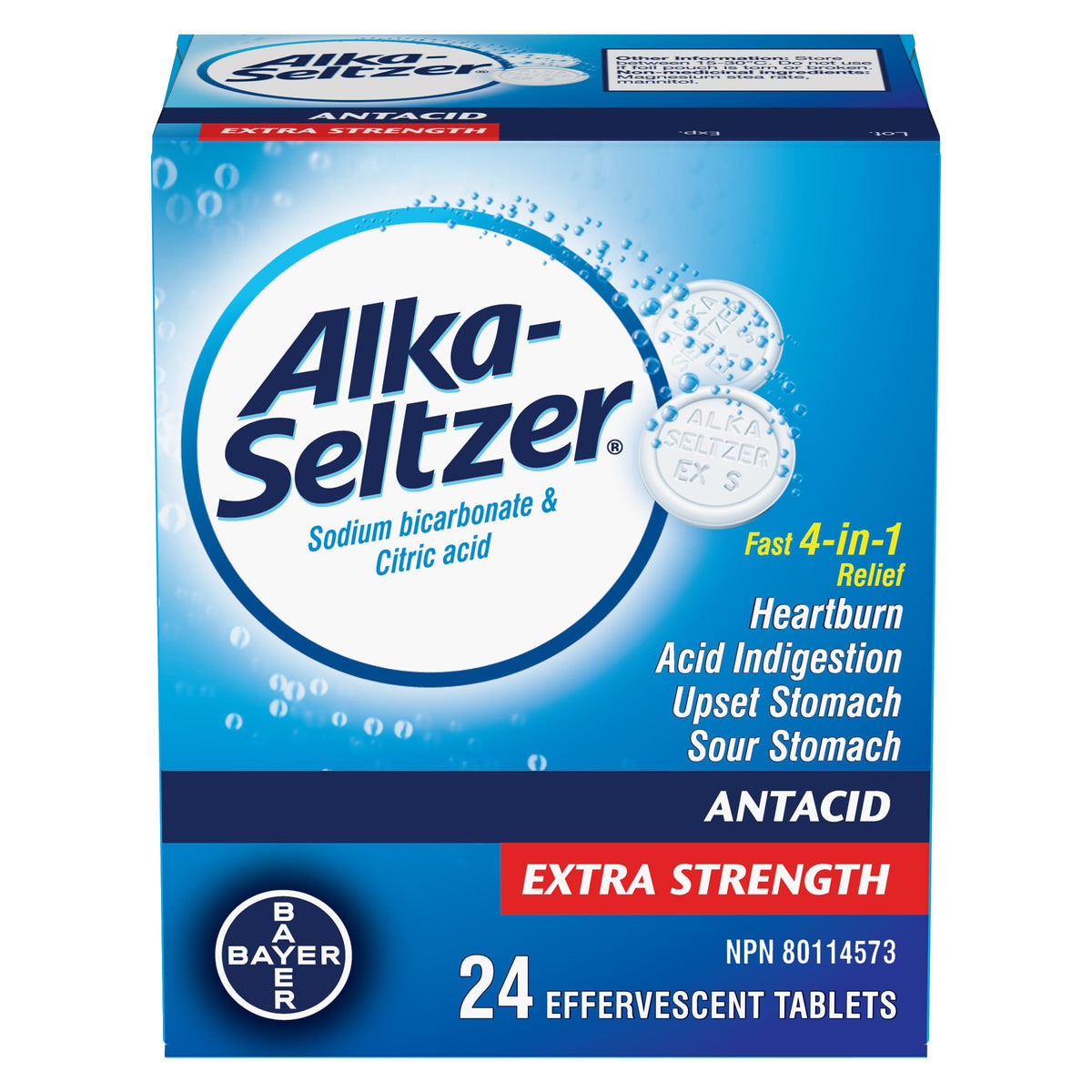 Alka-Seltzer Antacid Heartburn Relief Effervescent Tablets - Extra Strength Tablets For Heartburn, Acidity, Upset Stomach, Sodium Bicarbonate And Citric Acid, 24 Effervescent Tablets