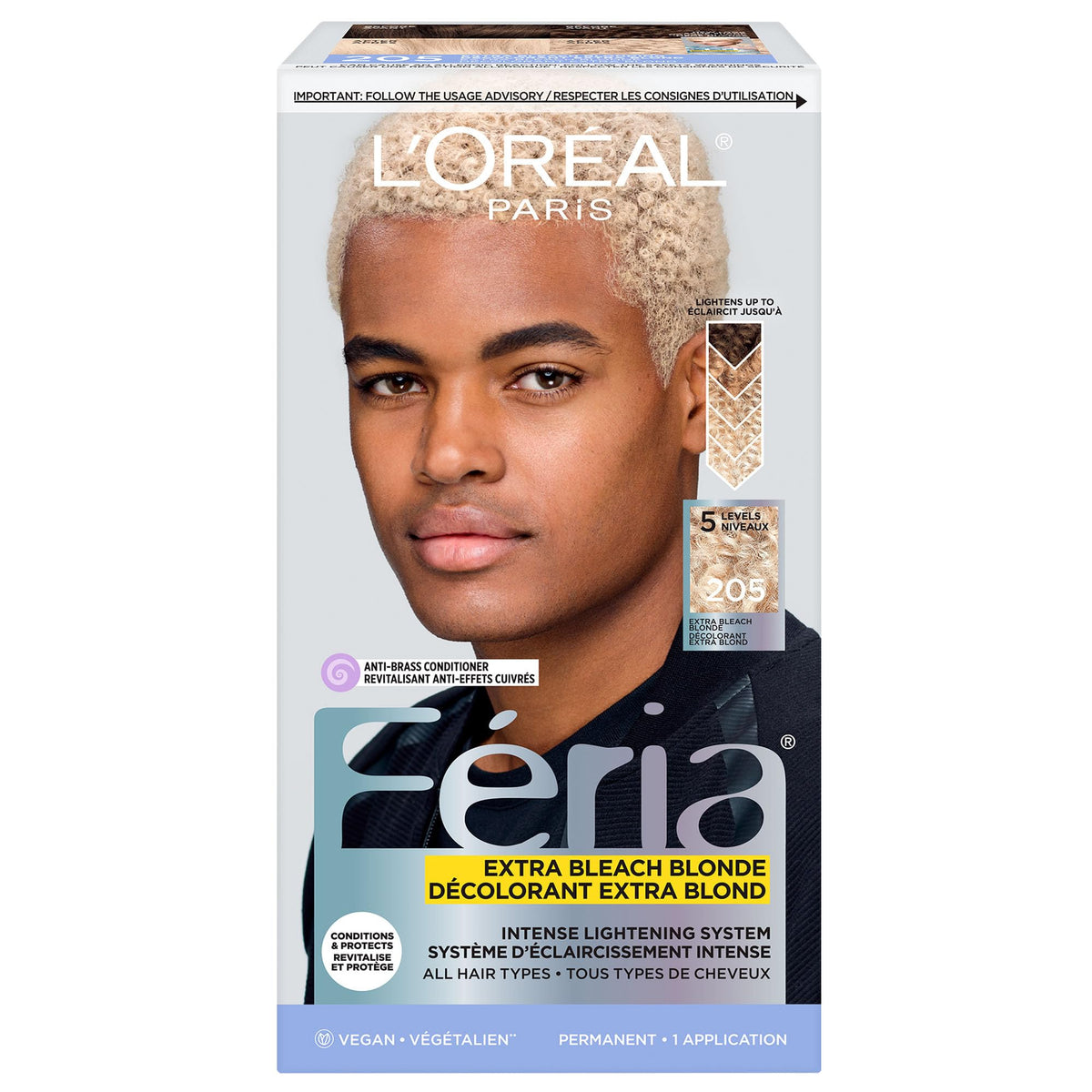 L'Oreal Paris Feria Advanced Lightening System Hair Bleach, 205 extra Bleach Blonde, Includes Anti-Brass Nourishing Conditioner, 1 Hair Dye Kit (Packaging May Vary)