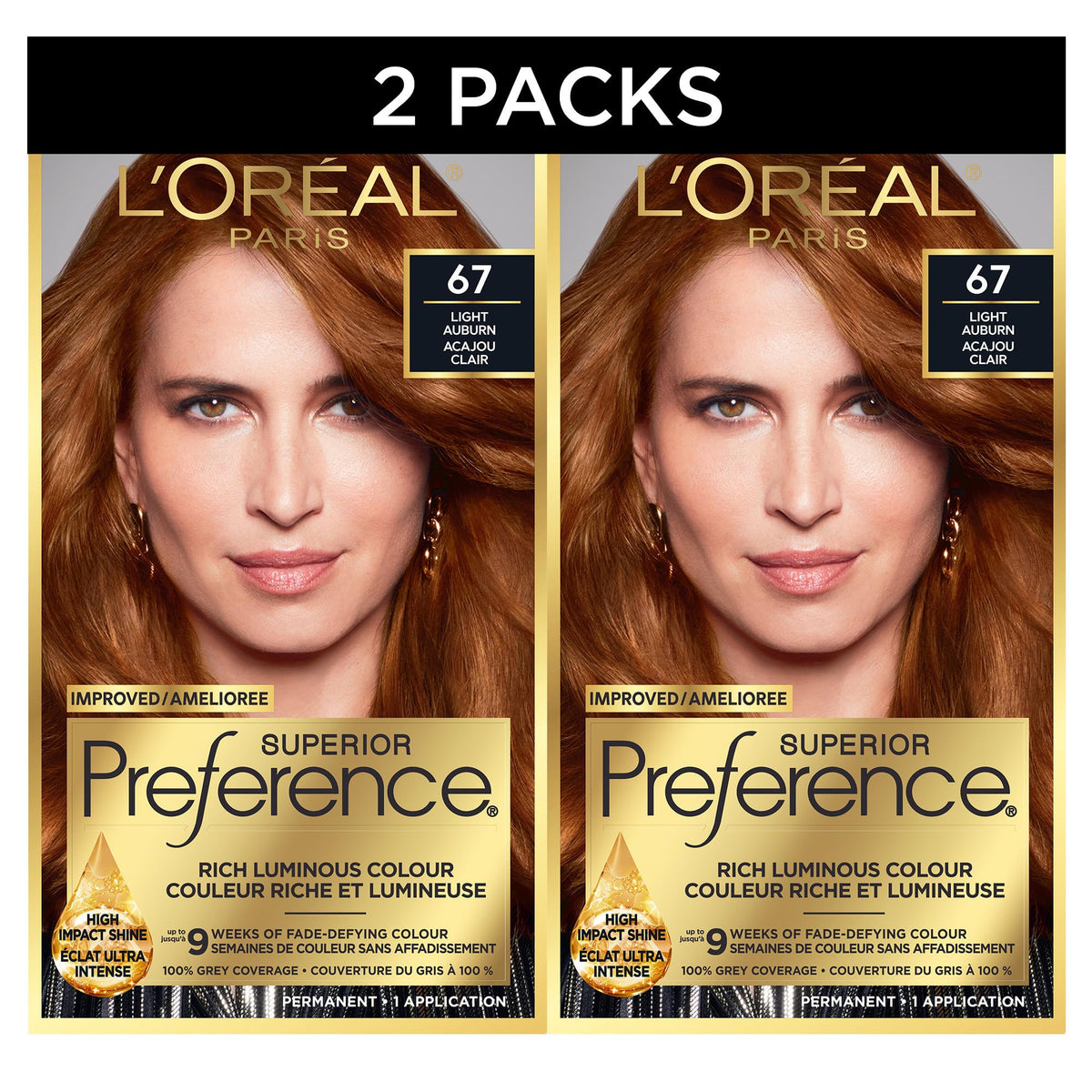 L'Oreal Paris Superior Preference Hair Dye, 67 Light Auburn, Permanent Color, 100% Grey Coverage, 9 Weeks Luminous Fade-Defying, 1 Kit (Pack of 2)