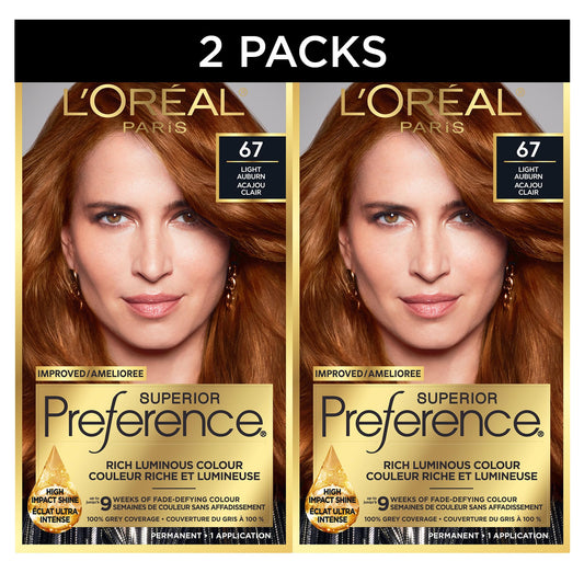 L'Oreal Paris Superior Preference Hair Dye, 67 Light Auburn, Permanent Color, 100% Grey Coverage, 9 Weeks Luminous Fade-Defying, 1 Kit (Pack of 2)