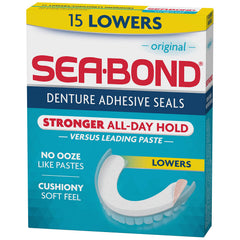 Sea Bond Secure Denture Adhesive Seals, Original Lowers, Zinc-Free, All-Day Hold, Mess-Free, 15 Count