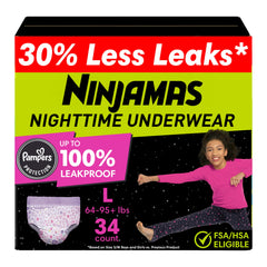Pampers Ninjamas Nighttime Bedwetting Underwear Girls Size L (64-125 lbs) 34 Count (Packaging & Prints May Vary)