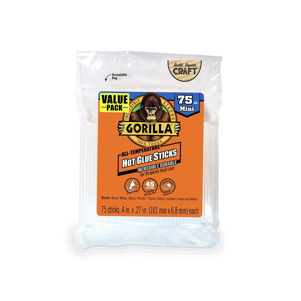 Gorilla Hot Glue Sticks, Mini Size, 4" Long x .27" Diameter, 75 Count, Clear, Bonds: Wood, Metal, Glass, Plastic, Floral, Fabric, Leather, Foam, and More (Pack of 1 with 75 Glue Sticks)