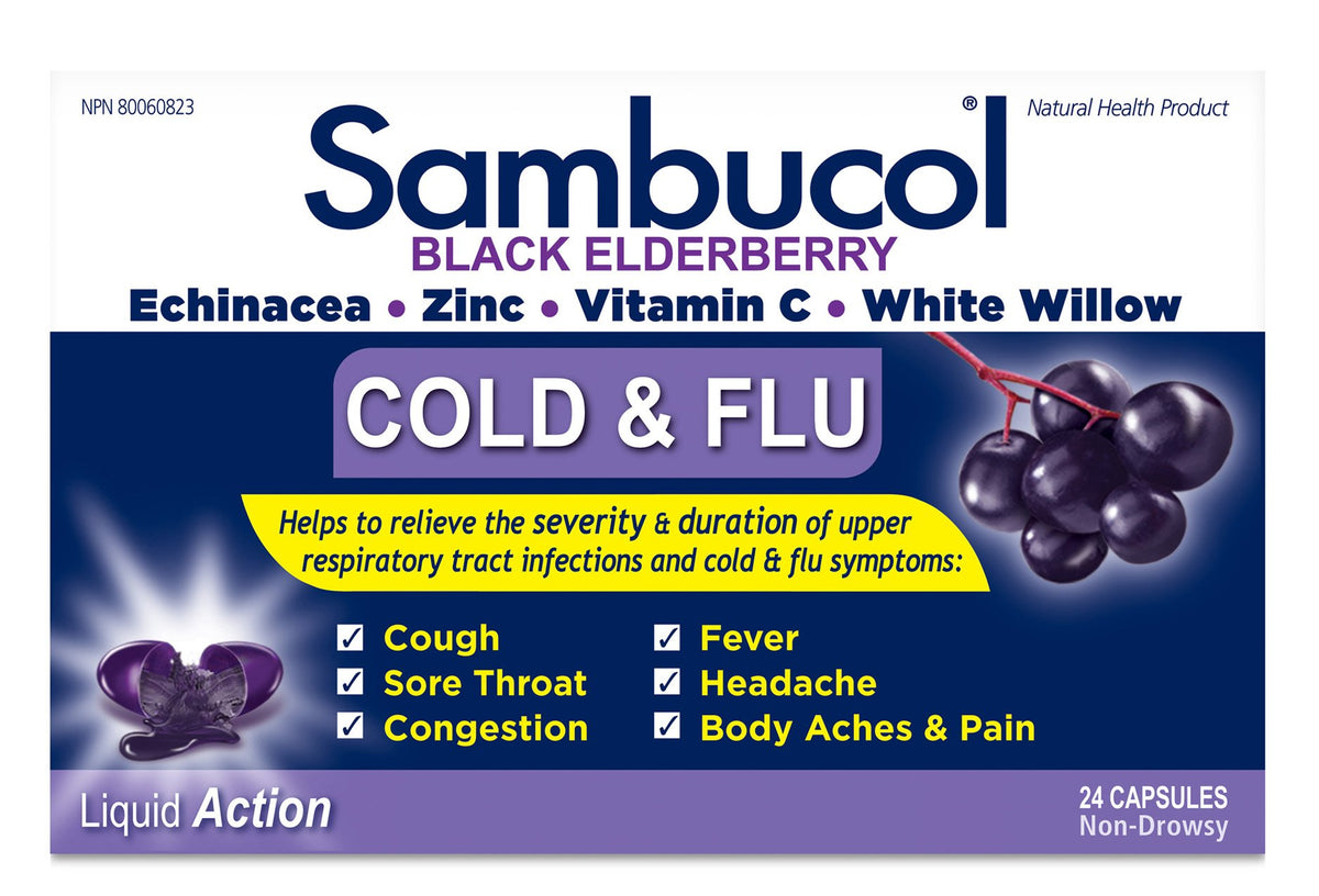 Sambucol Black Elderberry – Cold & Flu Relief | Echinacea, Zinc, Vitamin C & White Willow | Helps Relieve Congestion, Sore Throat, Coughs & Fatigue | Natural Health Product, For Adults | 24 Capsules