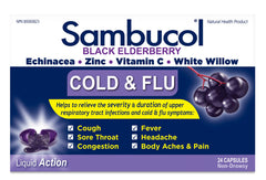 Sambucol Black Elderberry – Cold & Flu Relief | Echinacea, Zinc, Vitamin C & White Willow | Helps Relieve Congestion, Sore Throat, Coughs & Fatigue | Natural Health Product, For Adults | 24 Capsules