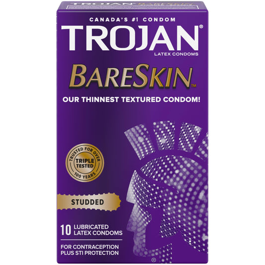 TROJAN BareSkin Studded Lubricated Latex Condoms, 10 Count, Thin for Ultimate Sensitivity and Studded for Maximum Stimulation, Special Reservoir for Extra Safety