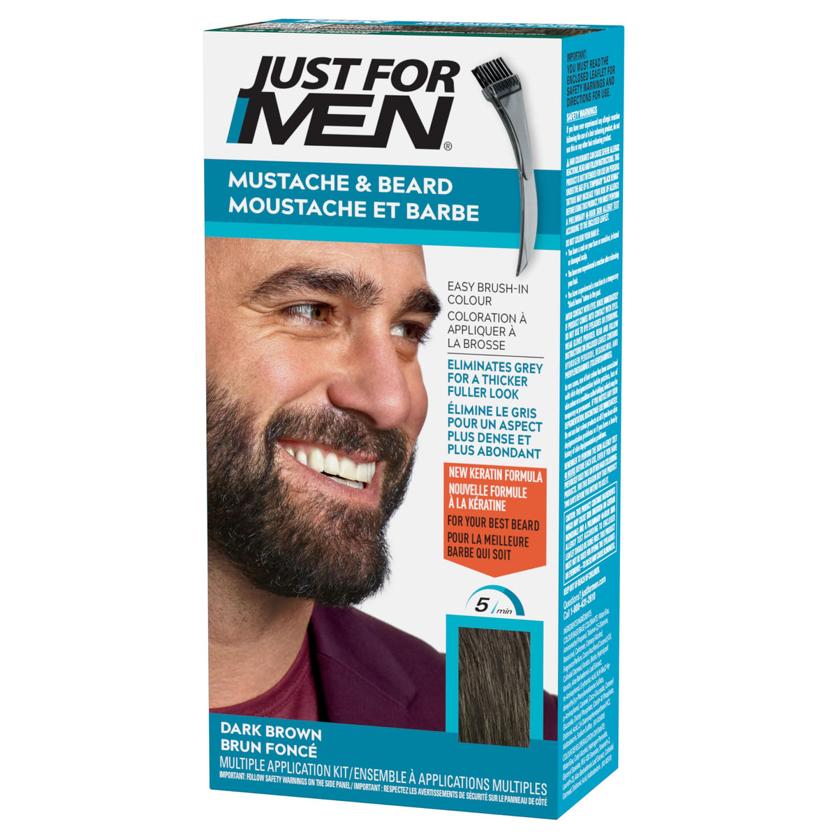 Just For Men Mustache & Beard, Beard Dye for Men with Brush Included for Easy Application, With Biotin Aloe and Coconut Oil for Healthy Facial Hair, Dark Brown, M-45 (1 Count)
