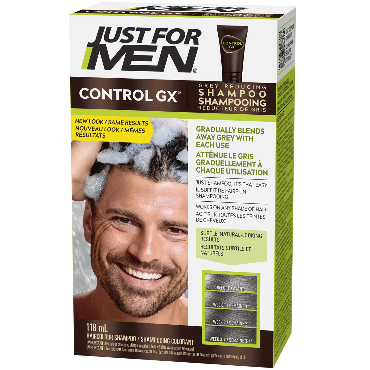 Just For Men Control GX Grey Reducing Shampoo, Gradual Hair Color for Men, Stronger and Healthier Hair, 118ml - Pack of 1, Packaging May Vary