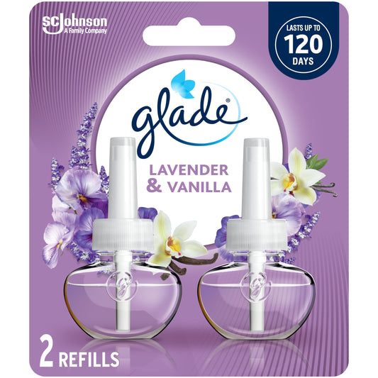 Glade PlugIns Air Freshener Oil Refill, Scented and Essential Oils for Home and Bathroom, Lavender & Vanilla, 2 Refills