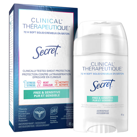 Secret Clinical Antiperspirant Deodorant for Women, 72HR Sweat & Odor Protection, Hyaluronic Acid, Soft Solid, Free&Sensitive, 45g