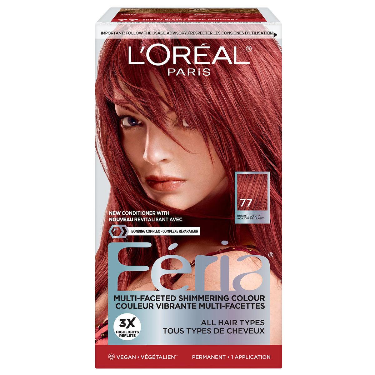L'OREAL PARIS FERIA MULTI-FACETED SHIMMERING PERMANENT HAIR COLOR, 77 BRIGHT AUBURN, HAIR DYE WITH CONDITIONING OILS, PACK OF 1