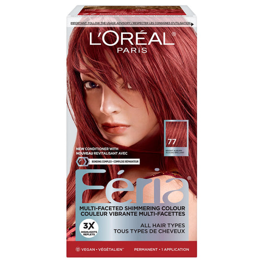 L'OREAL PARIS FERIA MULTI-FACETED SHIMMERING PERMANENT HAIR COLOR, 77 BRIGHT AUBURN, HAIR DYE WITH CONDITIONING OILS, PACK OF 1