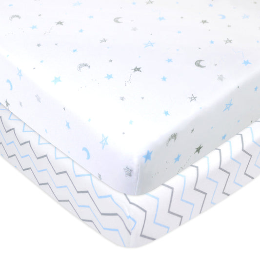 American Baby Company 2 Pack Printed 100% Natural Cotton Jersey Knit Fitted Portable/Mini-Crib Sheet,Blue Stars/Zigzag, Soft Breathable, for Boys and Girls