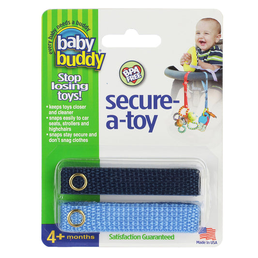 Baby Buddy Secure-a-Toy, Adjustable Pacifier and Teether Strap for Stroller, Highchair, and Car Seat, Blue Navy, 2 pack