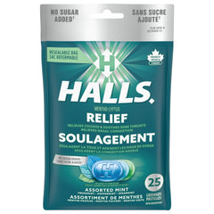HALLS No Sugar Added Assorted Mint Cough Drops, Throat Lozenges, Sore Throat Relief, Mentho-Lyptus, 25 Lozenges, Prepared in Canada