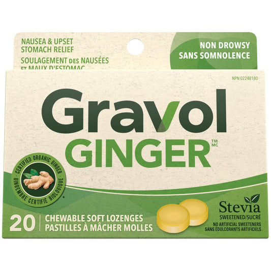 Gravol Ginger - Nausea & Upset Stomach Relief with Organic Ginger Extract - Chewable, Great Taste & Non-Drowsy - 20 Lozenges (Pack of 1)