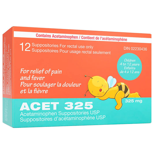 ACET Acetaminophen Suppository 325mg - Fever & Pain Relief for Children (4-12 Years) - 12 Count, White, Disposable, Rectal Use Only