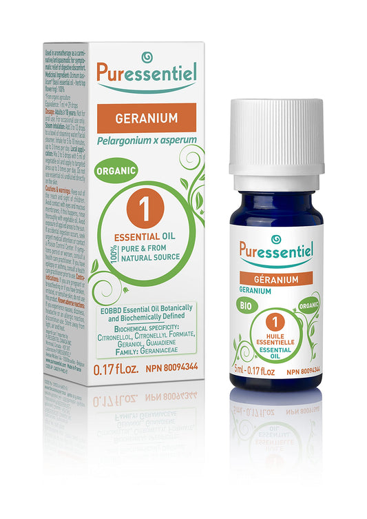PURESSENTIEL - Geranium Organic Essential Oil -Aromatherapy- Gives Skin a Radiant Glow- Use for Dry Scalp- 100% pure and natural - 5ml