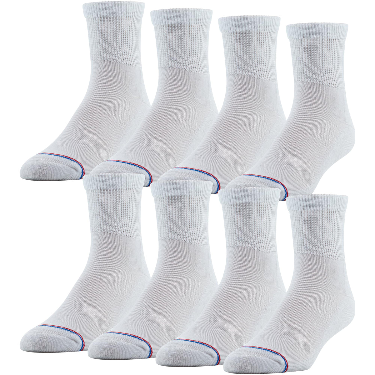 MediPEDS Men's 8 Pack Diabetic Quarter Socks with Non-Binding Top, White, Shoe Size: 6-9