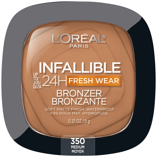 L’Oréal Paris Infallible Up to 24H Fresh Wear Bronzer, Longwear Soft Matte Finish, Waterproof & Heatproof, 350 Medium, 0.31 oz