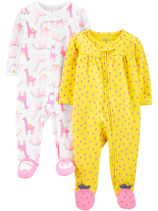 Simple Joys by Carter's Girls' 2-Pack Cotton Footed Sleep and Play, Pink Llamas/strawberries, Newborn