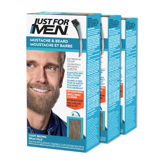 Just For Men Mustache & Beard, Beard Dye for Men with Brush Included for Easy Application, With Biotin Aloe and Coconut Oil for Healthy Facial Hair, Light Brown, M-25 (3 Count)