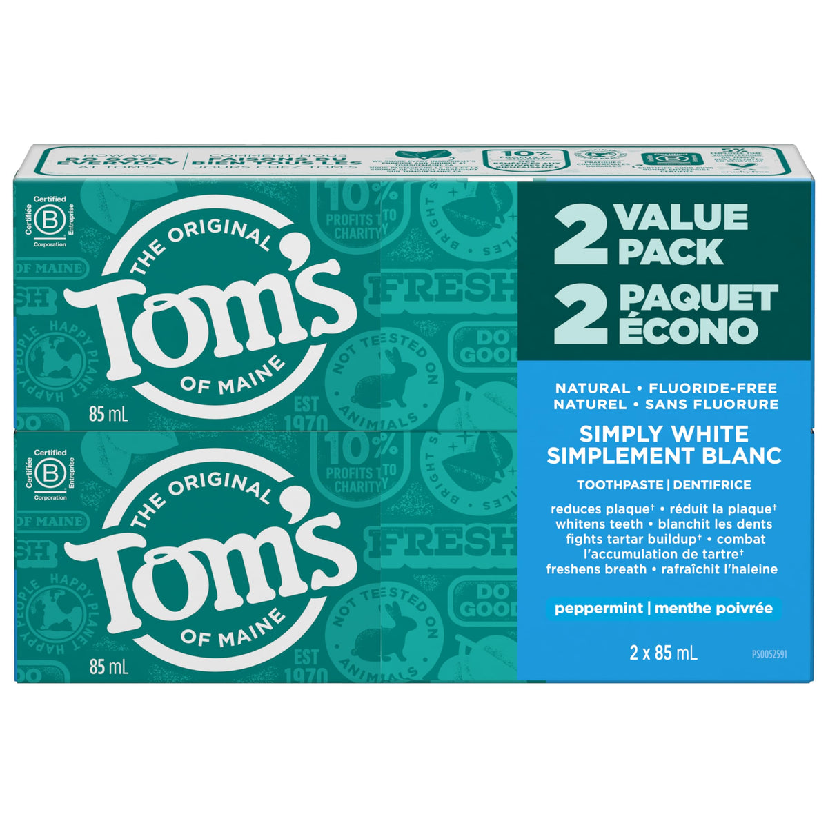 Tom's of Maine Simply White - Refreshing Peppermint - Fluoride-Free Natural Whitening Toothpaste Fights Tarter and Plaque to Whiten Teeth Naturally - 2 Pack, 85 mL