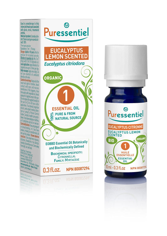 PURESSENTIEL - Eucalyptus Lemon Scented Organic Essential Oil - Used in aromatherapy topically for muscle pain, headache or cough and cold - 100% pure and natural - 10ml